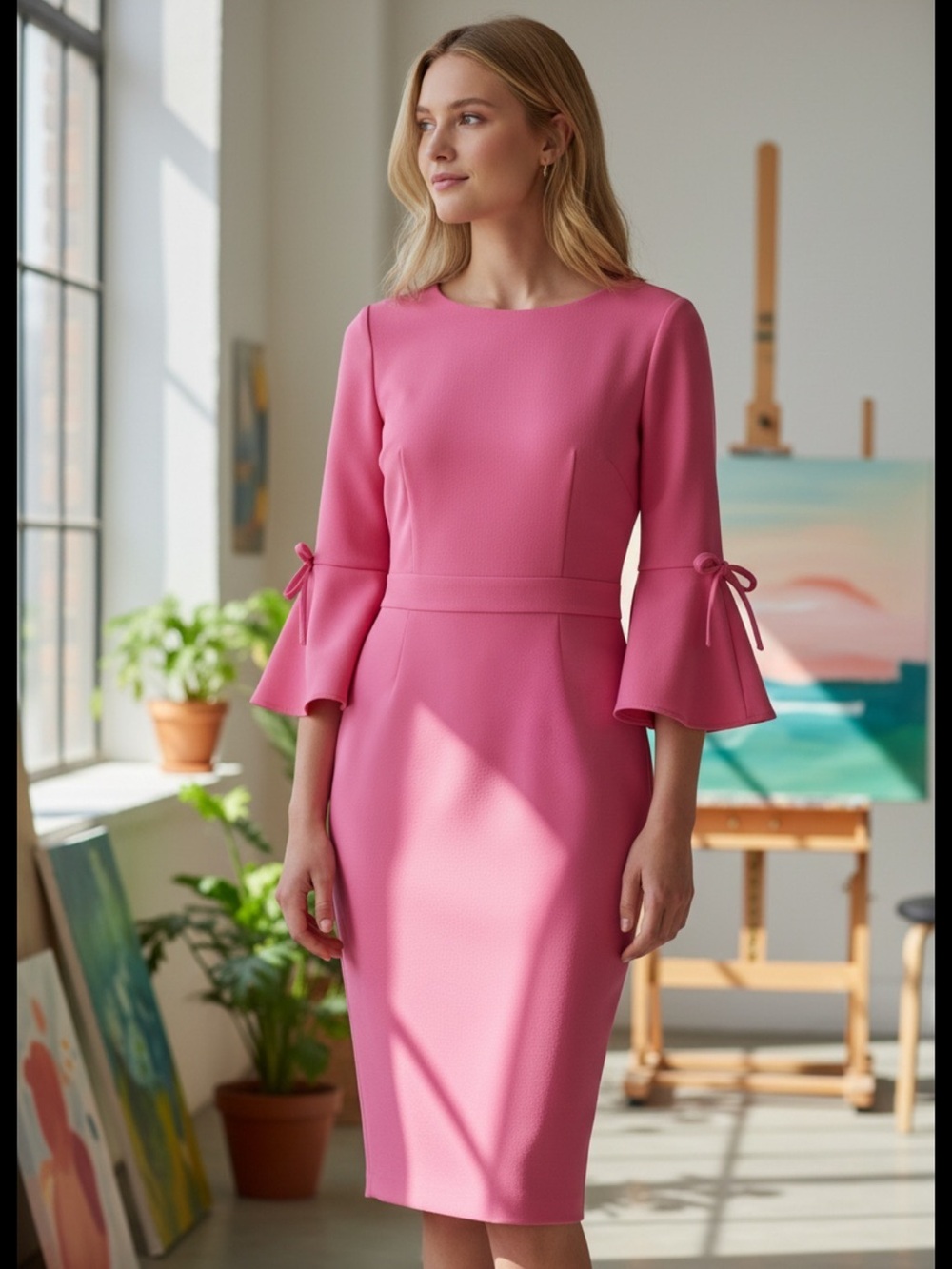 Boohoo Pink Bell-Sleeve Midi Dress